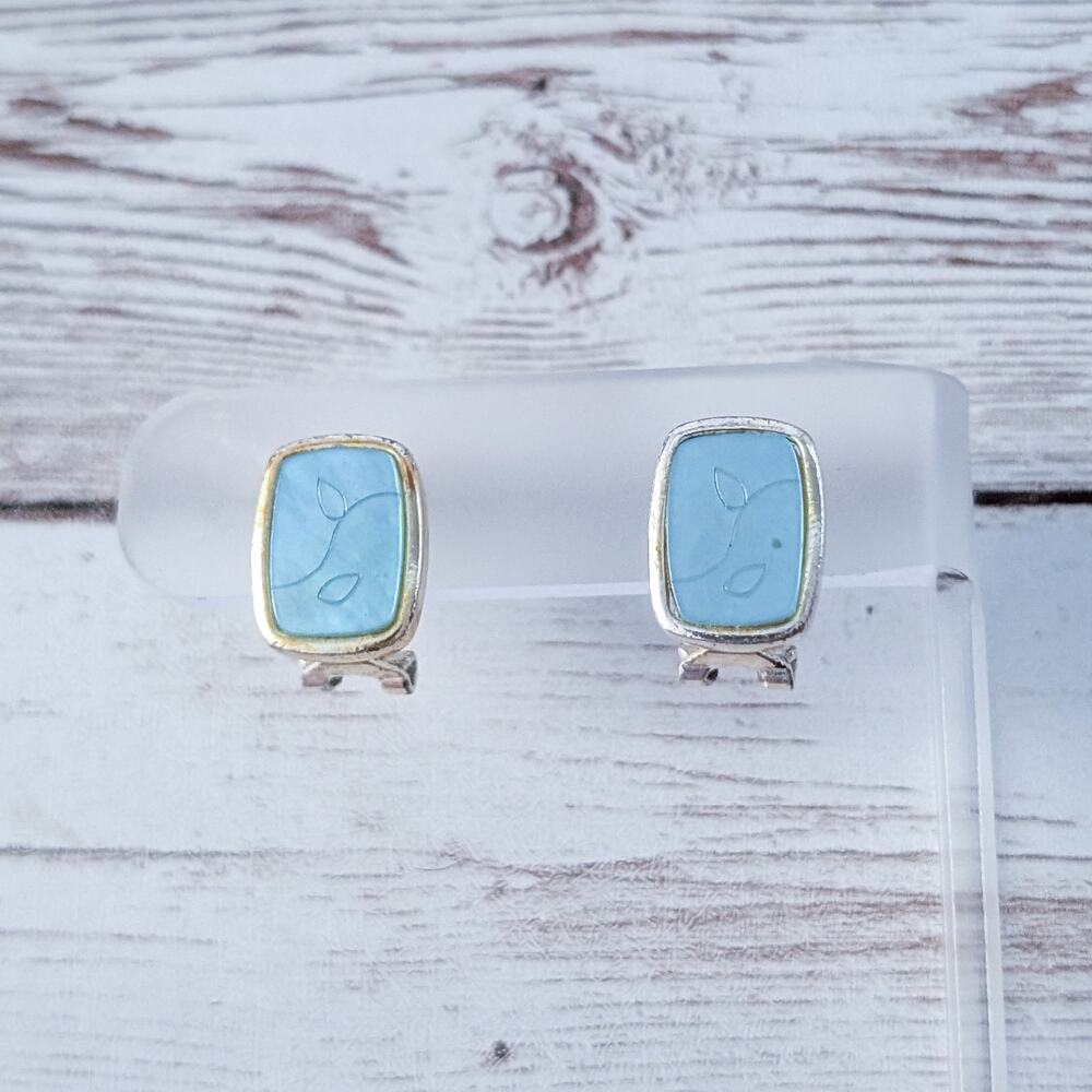 Vintage Clip On Earrings Turquoise Tone with Design - Poor Condition